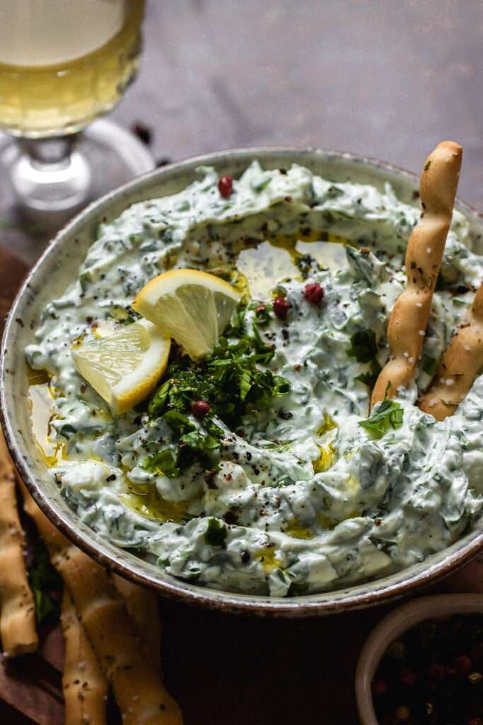 dip with wild garlic and feta cheese