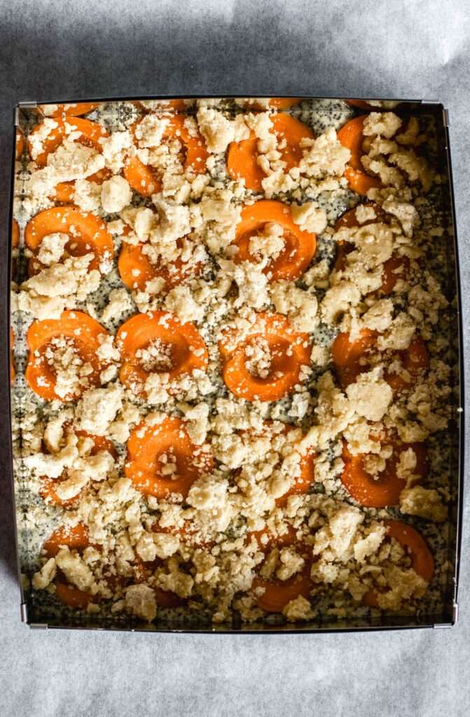 die marillen werden mit streusel getoppt. anschließend wird der mohnkuchen gebacken.